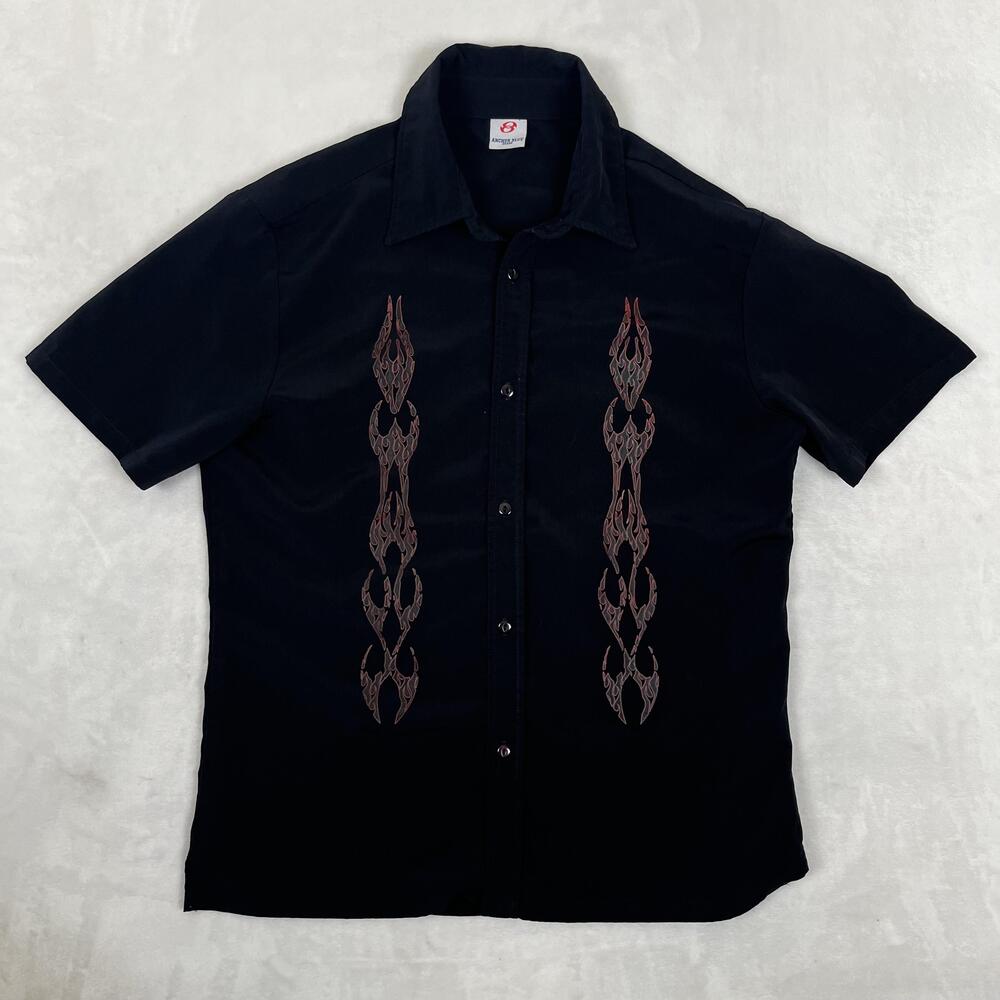 VTG Anchor Blue Shirt Mens Large Black Short Sleeve Button Front Flame Print Y2K